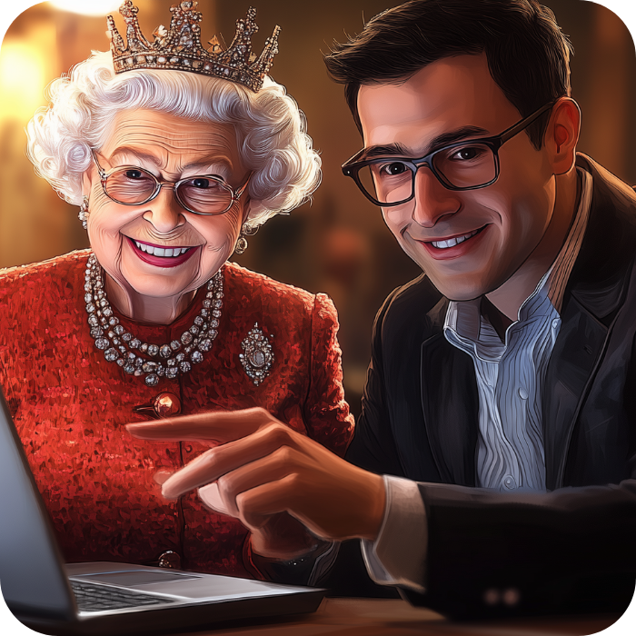לימוד AI בסגנון המלכה אליזבת - איור הומוריסטי למה בעצם אתם כאן?