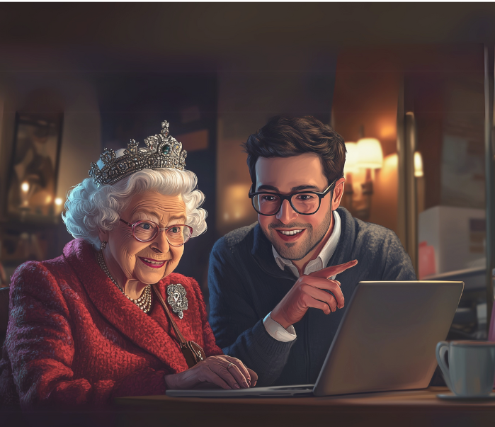 לימוד AI בסגנון המלכה אליזבת - איור הומוריסטי איך נעשה את זה יחד?